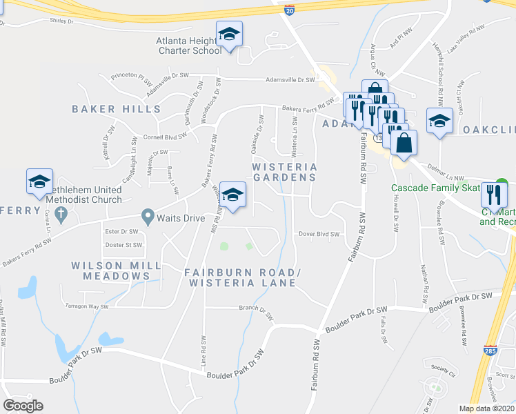 map of restaurants, bars, coffee shops, grocery stores, and more near 3796 Leesburg Court Southwest in Atlanta