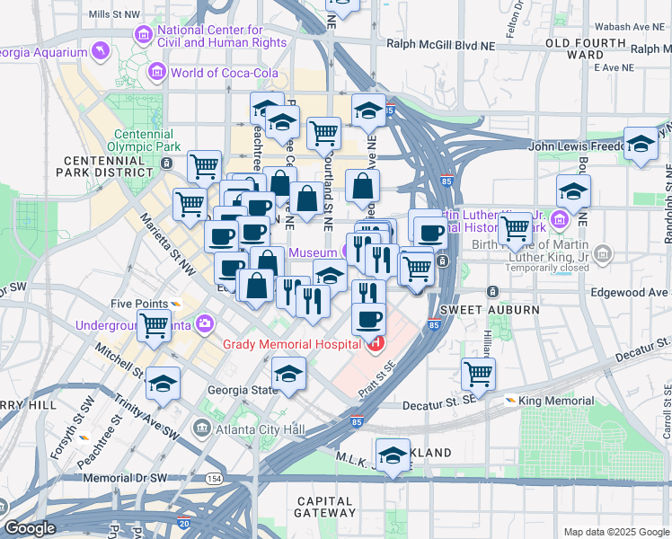 map of restaurants, bars, coffee shops, grocery stores, and more near 101 Auburn Avenue Northeast in Atlanta