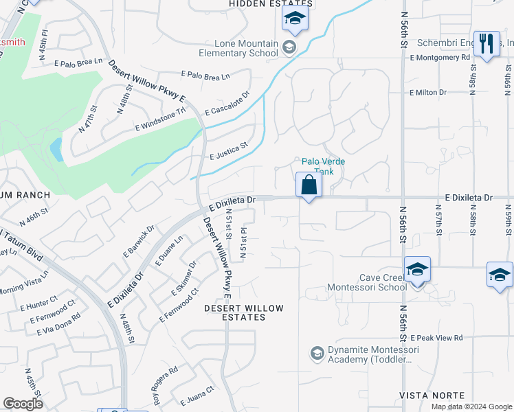 map of restaurants, bars, coffee shops, grocery stores, and more near 5138 East Duane Lane in Cave Creek