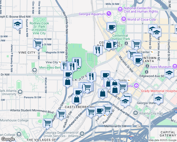 map of restaurants, bars, coffee shops, grocery stores, and more near 1414 Andrew Young International Boulevard Northwest in Atlanta