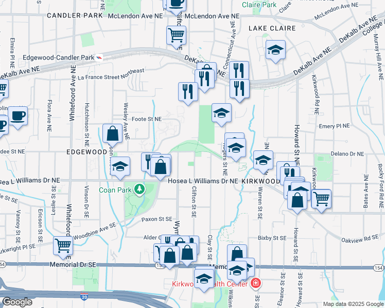 map of restaurants, bars, coffee shops, grocery stores, and more near 1697 Wade Avenue Northeast in Atlanta