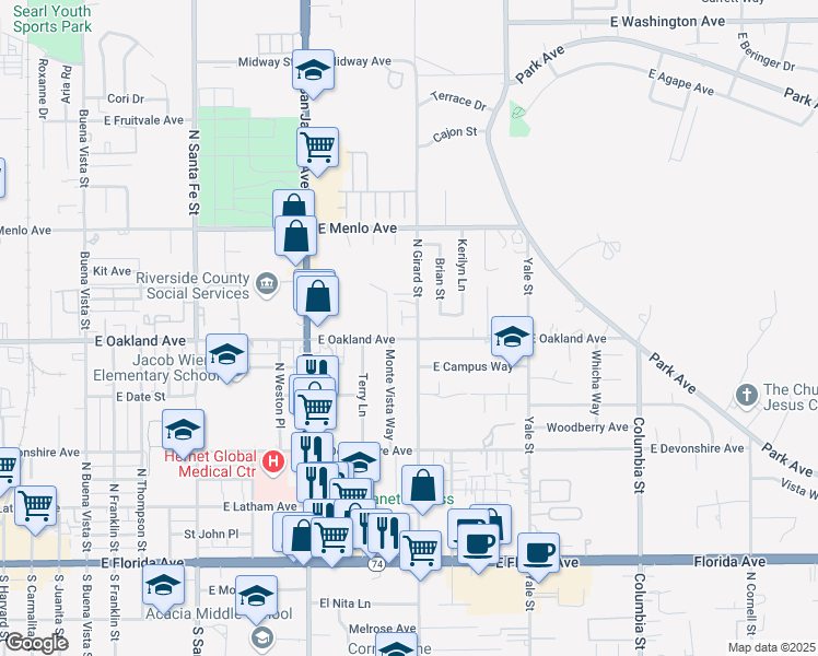 map of restaurants, bars, coffee shops, grocery stores, and more near 511 North Girard Street in Hemet