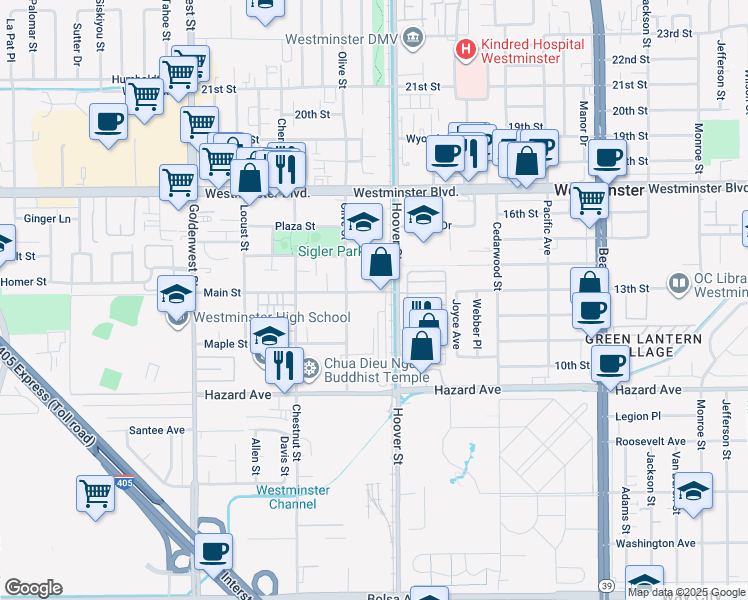 map of restaurants, bars, coffee shops, grocery stores, and more near 7432 Main Street in Westminster