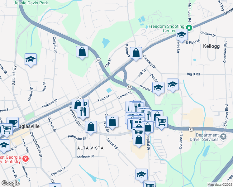 map of restaurants, bars, coffee shops, grocery stores, and more near 6214 Hagin Street in Douglasville