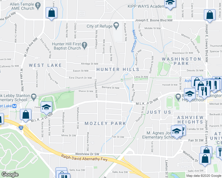 map of restaurants, bars, coffee shops, grocery stores, and more near 1340 Bernard Street Northwest in Atlanta