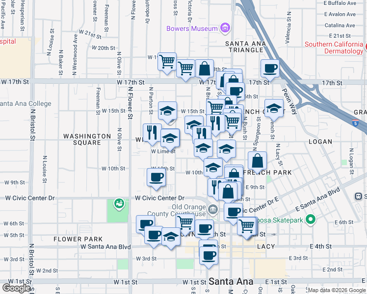 map of restaurants, bars, coffee shops, grocery stores, and more near 1221 North Ross Street in Santa Ana
