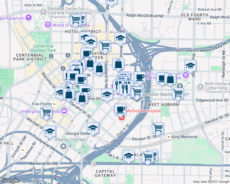 map of restaurants, bars, coffee shops, grocery stores, and more near 135 Auburn Avenue Northeast in Atlanta