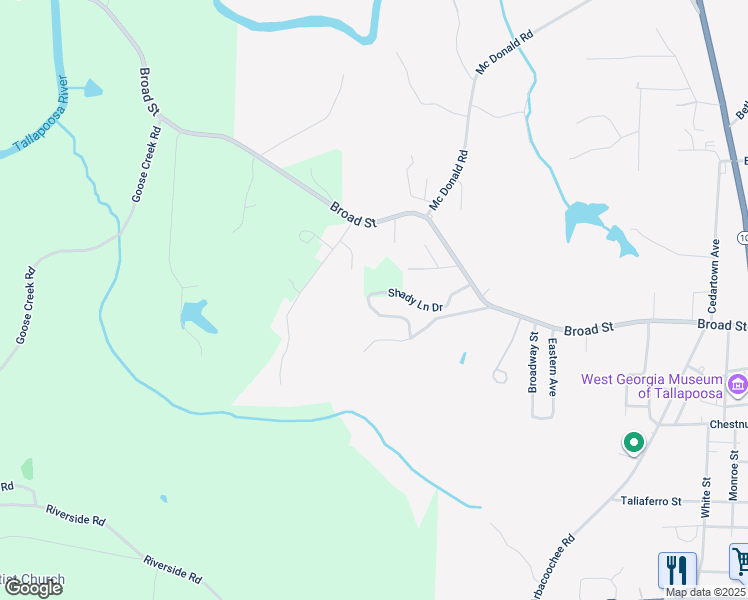 map of restaurants, bars, coffee shops, grocery stores, and more near 132 Shady Lane Drive in Tallapoosa