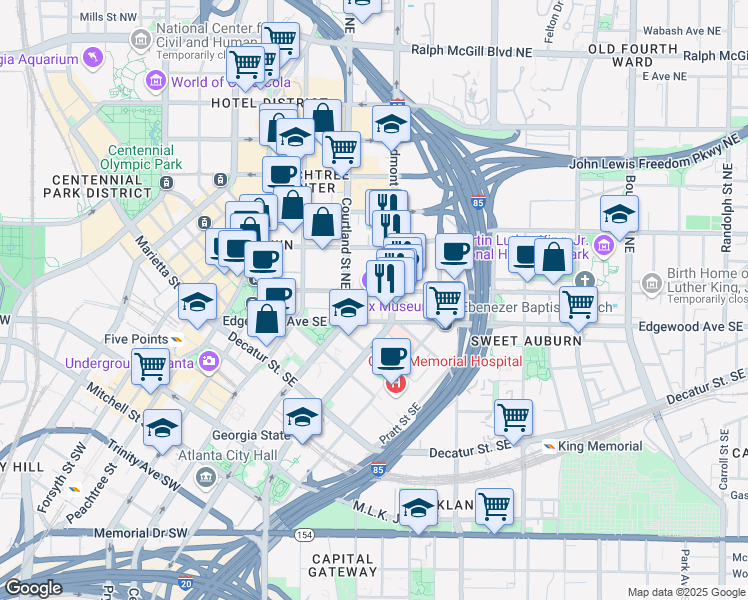 map of restaurants, bars, coffee shops, grocery stores, and more near 135 Auburn Avenue Northeast in Atlanta