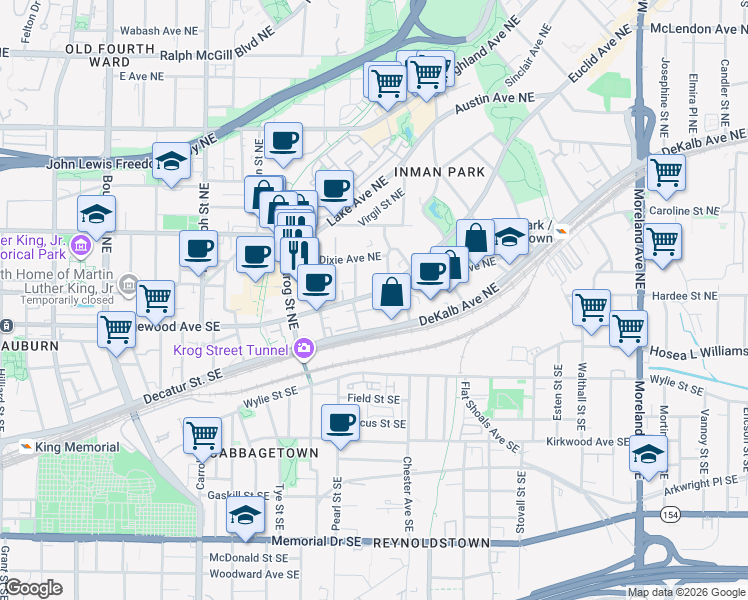 map of restaurants, bars, coffee shops, grocery stores, and more near 836 Euclid Avenue Northeast in Atlanta