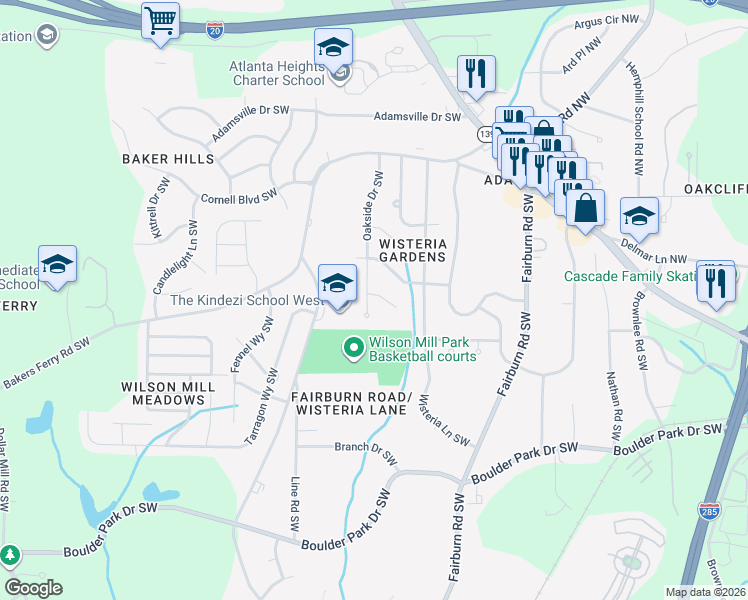 map of restaurants, bars, coffee shops, grocery stores, and more near 3796 Leesburg Court Southwest in Atlanta