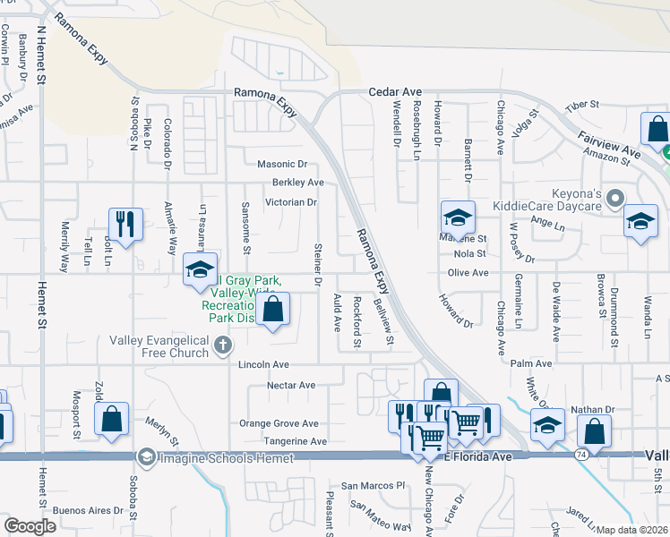 map of restaurants, bars, coffee shops, grocery stores, and more near 43052 Charlton Avenue in Hemet