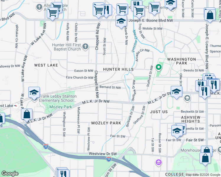 map of restaurants, bars, coffee shops, grocery stores, and more near 1363 Bernard Street Northwest in Atlanta