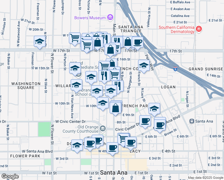 map of restaurants, bars, coffee shops, grocery stores, and more near in Santa Ana