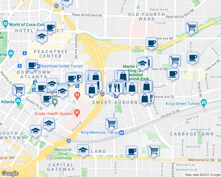 map of restaurants, bars, coffee shops, grocery stores, and more near 319 Auburn Ave NE in Atlanta