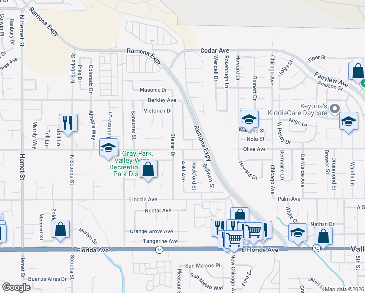map of restaurants, bars, coffee shops, grocery stores, and more near 43052 Charlton Avenue in Hemet