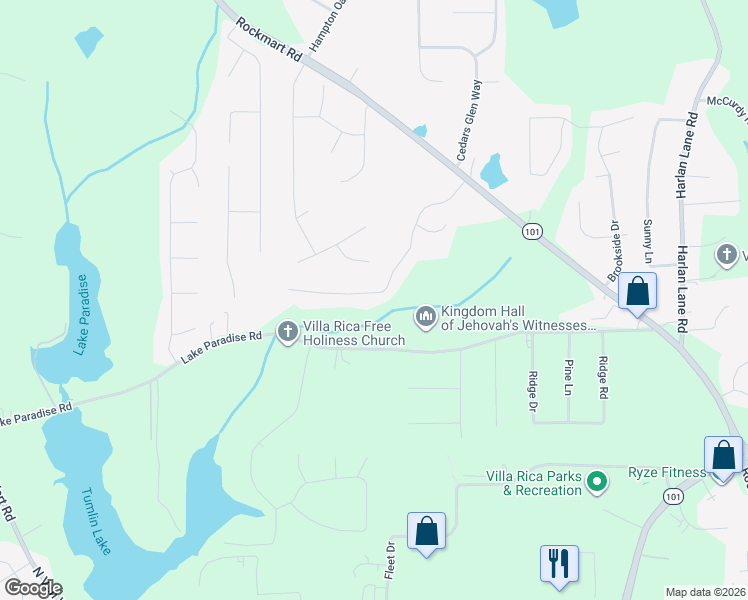 map of restaurants, bars, coffee shops, grocery stores, and more near 188 Whitney Lane in Villa Rica