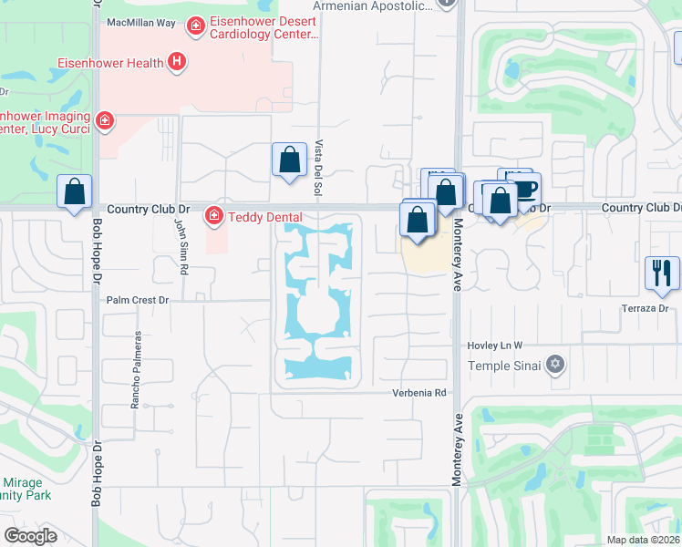 map of restaurants, bars, coffee shops, grocery stores, and more near 184 Desert Lakes Drive in Rancho Mirage