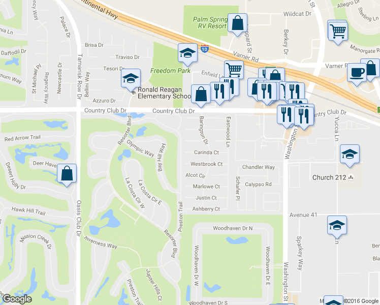 map of restaurants, bars, coffee shops, grocery stores, and more near 77547 Carinda Court in Palm Desert