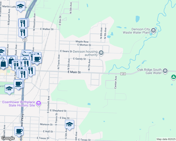 map of restaurants, bars, coffee shops, grocery stores, and more near 631 East Main Street in Denison