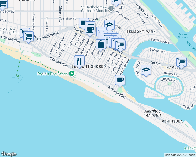map of restaurants, bars, coffee shops, grocery stores, and more near 5299 East Ocean Boulevard in Long Beach