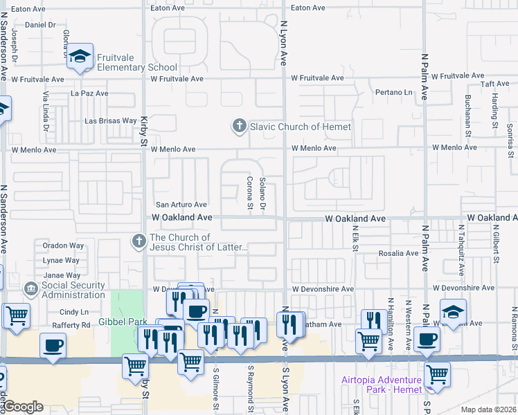 map of restaurants, bars, coffee shops, grocery stores, and more near 589 Solano Drive in Hemet