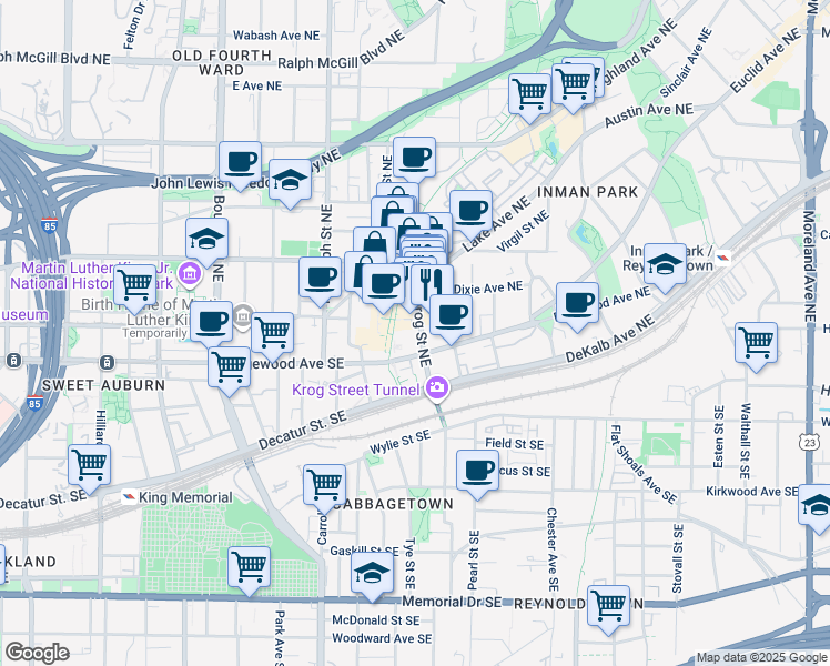 map of restaurants, bars, coffee shops, grocery stores, and more near 44 Krog Street Northeast in Atlanta