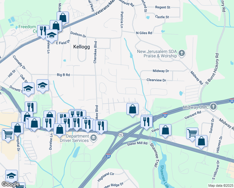 map of restaurants, bars, coffee shops, grocery stores, and more near 5430 Somer Mill Road in Douglasville