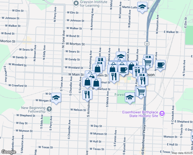 map of restaurants, bars, coffee shops, grocery stores, and more near 631 West Main Street in Denison