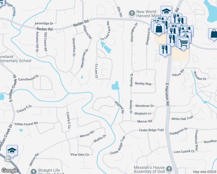 map of restaurants, bars, coffee shops, grocery stores, and more near 1374 To Lani Farm Road in Stone Mountain