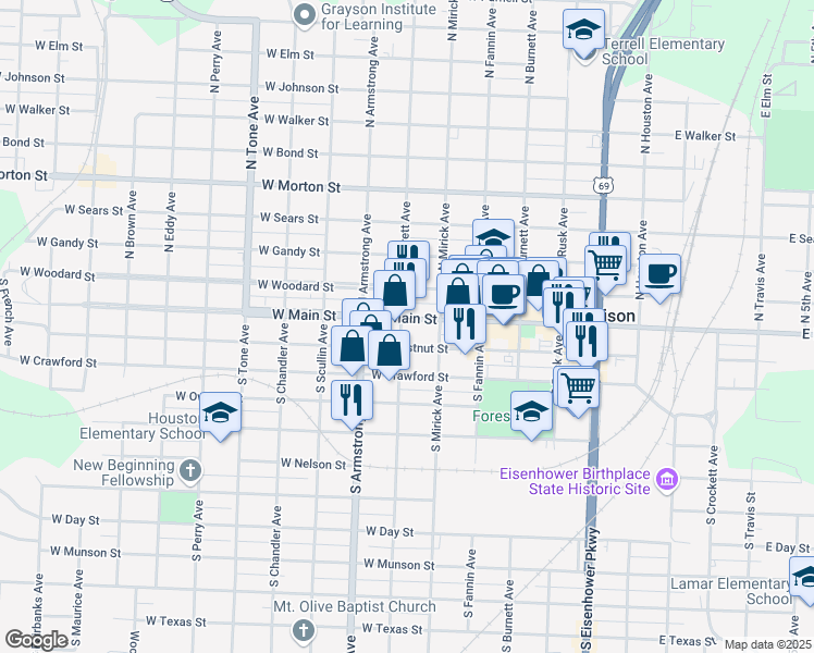 map of restaurants, bars, coffee shops, grocery stores, and more near 631 West Main Street in Denison
