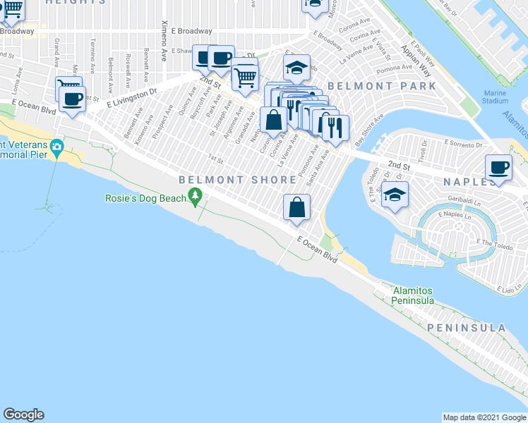 map of restaurants, bars, coffee shops, grocery stores, and more near 40 La Verne Avenue in Long Beach