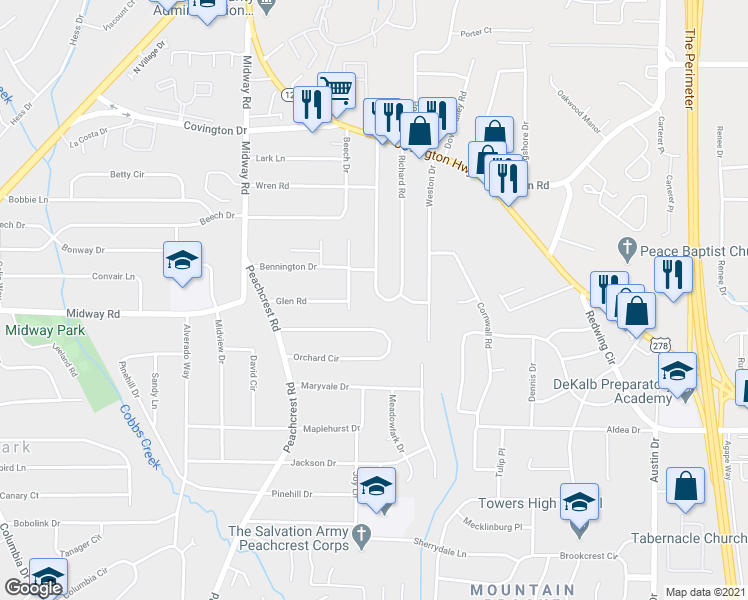 map of restaurants, bars, coffee shops, grocery stores, and more near 1290 Richard Road in Decatur