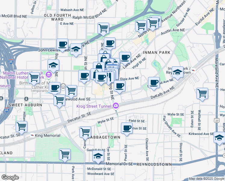map of restaurants, bars, coffee shops, grocery stores, and more near 71 Krog Street Northeast in Atlanta