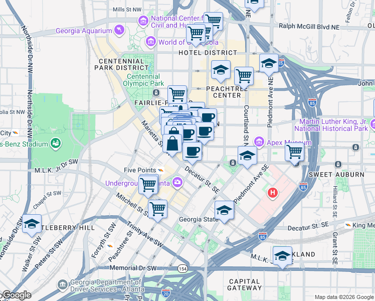 map of restaurants, bars, coffee shops, grocery stores, and more near 49 Forsyth Street Northwest in Atlanta