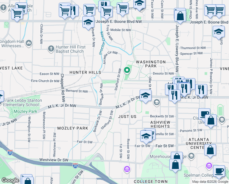 map of restaurants, bars, coffee shops, grocery stores, and more near 39 Stafford Street Southwest in Atlanta