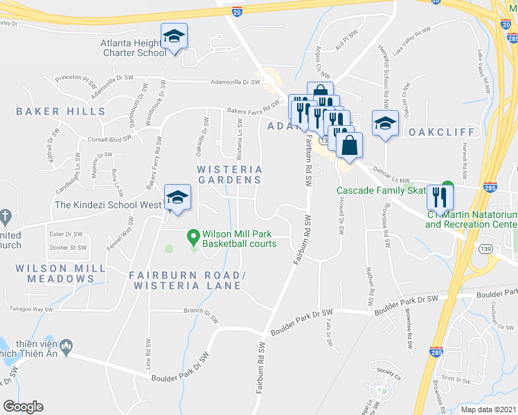 map of restaurants, bars, coffee shops, grocery stores, and more near 3939 Kenner Drive Southwest in Atlanta