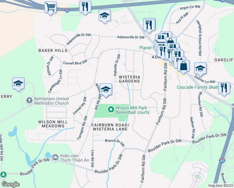 map of restaurants, bars, coffee shops, grocery stores, and more near 3796 Leesburg Court Southwest in Atlanta