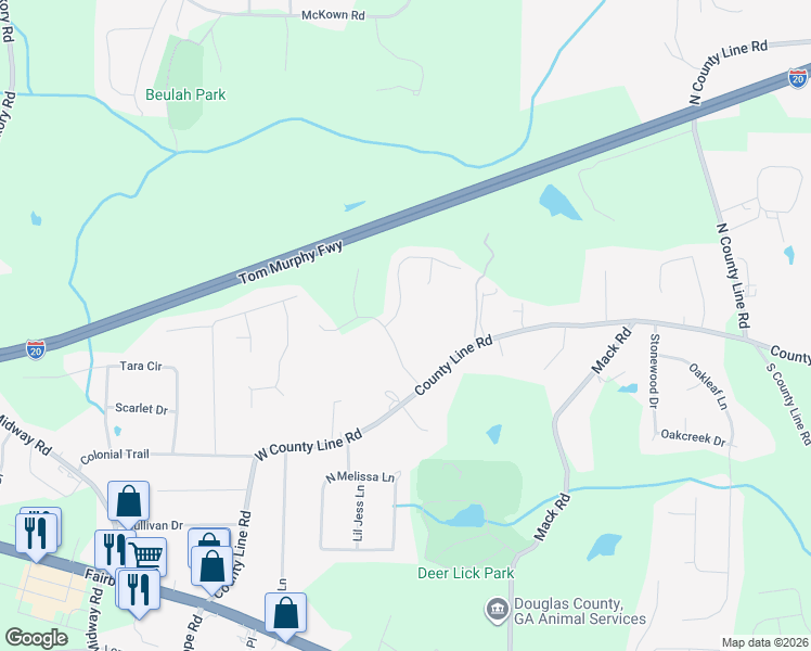map of restaurants, bars, coffee shops, grocery stores, and more near 1860 Mount Berry Drive in Douglasville