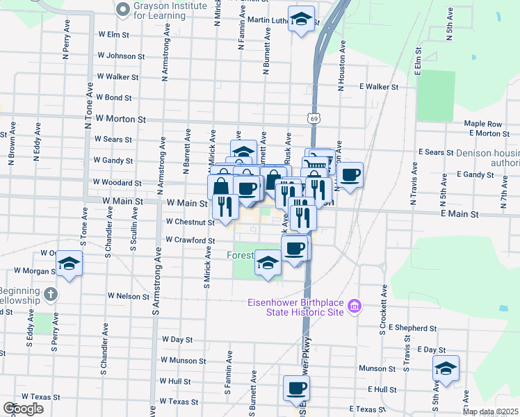map of restaurants, bars, coffee shops, grocery stores, and more near 401 West Main Street in Denison