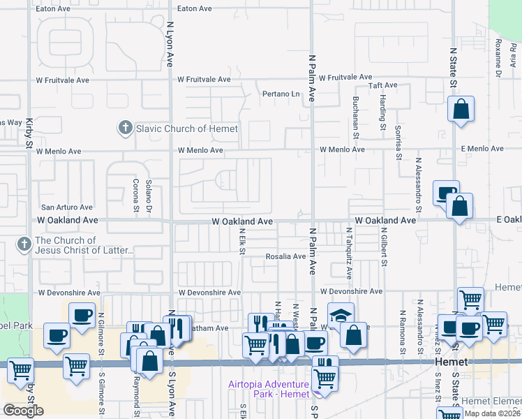 map of restaurants, bars, coffee shops, grocery stores, and more near 1250 Cabrillo Drive in Hemet