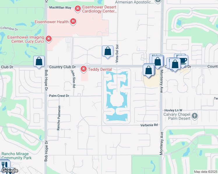 map of restaurants, bars, coffee shops, grocery stores, and more near 202 Desert Lakes Drive in Rancho Mirage