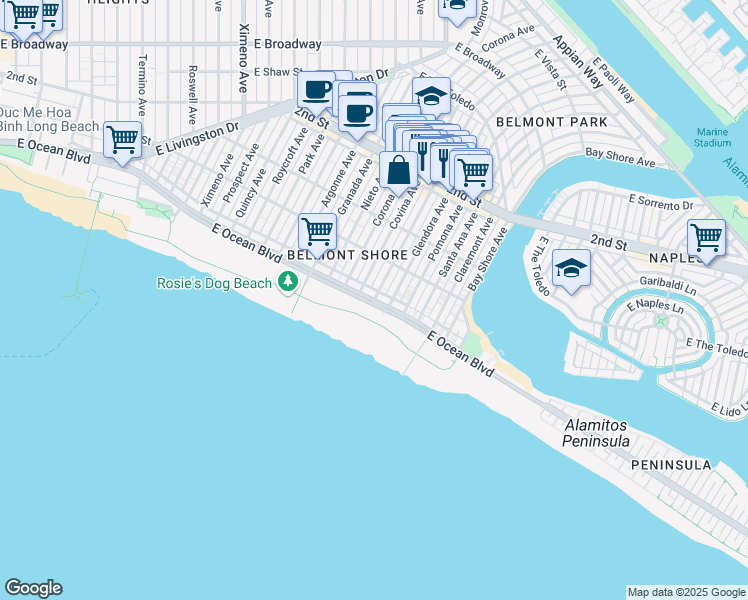 map of restaurants, bars, coffee shops, grocery stores, and more near 2 La Verne Avenue in Long Beach