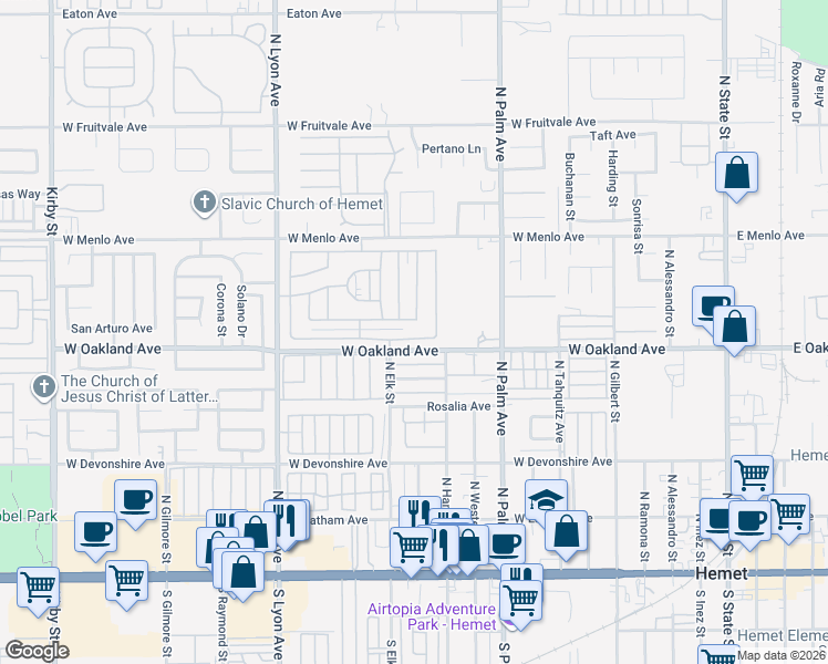 map of restaurants, bars, coffee shops, grocery stores, and more near 1250 Cabrillo Drive in Hemet