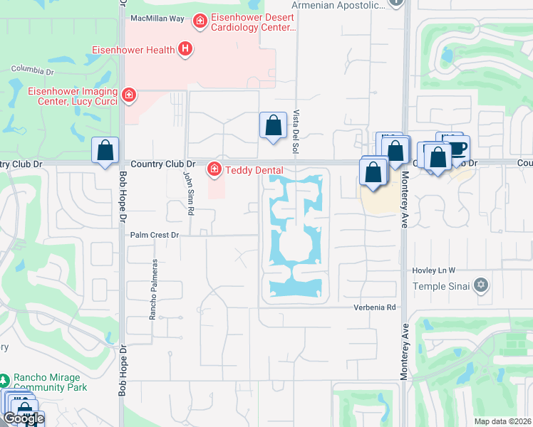 map of restaurants, bars, coffee shops, grocery stores, and more near 27 Lakeshore Drive in Rancho Mirage