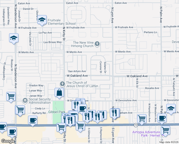 map of restaurants, bars, coffee shops, grocery stores, and more near 587 San Dimas Street in Hemet