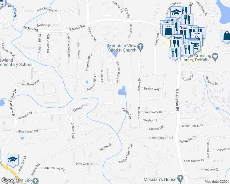 map of restaurants, bars, coffee shops, grocery stores, and more near 1374 To Lani Farm Road in Stone Mountain
