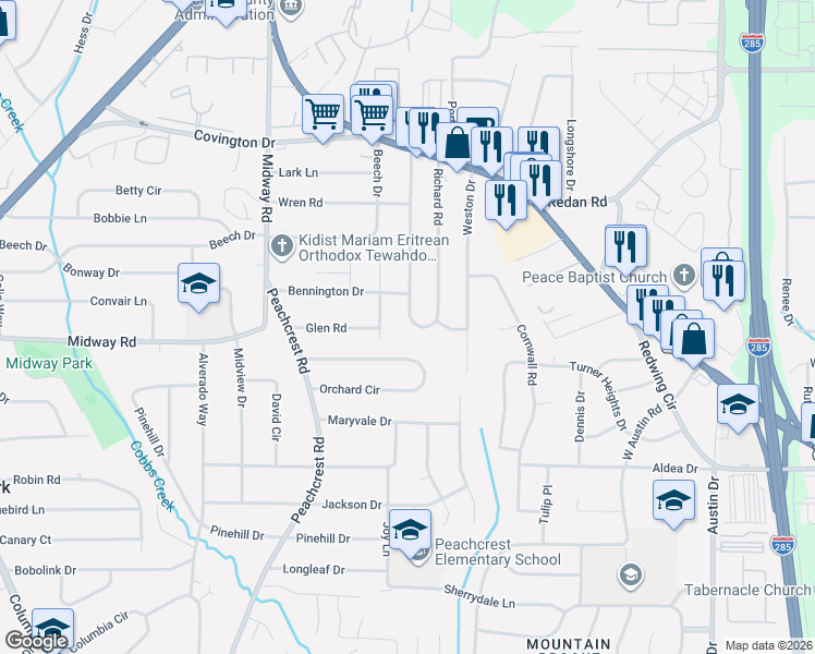 map of restaurants, bars, coffee shops, grocery stores, and more near 1290 Richard Road in Decatur
