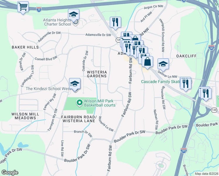 map of restaurants, bars, coffee shops, grocery stores, and more near 3939 Kenner Drive Southwest in Atlanta