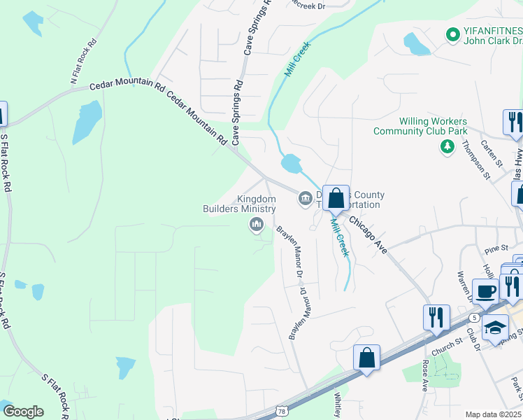 map of restaurants, bars, coffee shops, grocery stores, and more near 7250 Westwood Lane in Douglasville